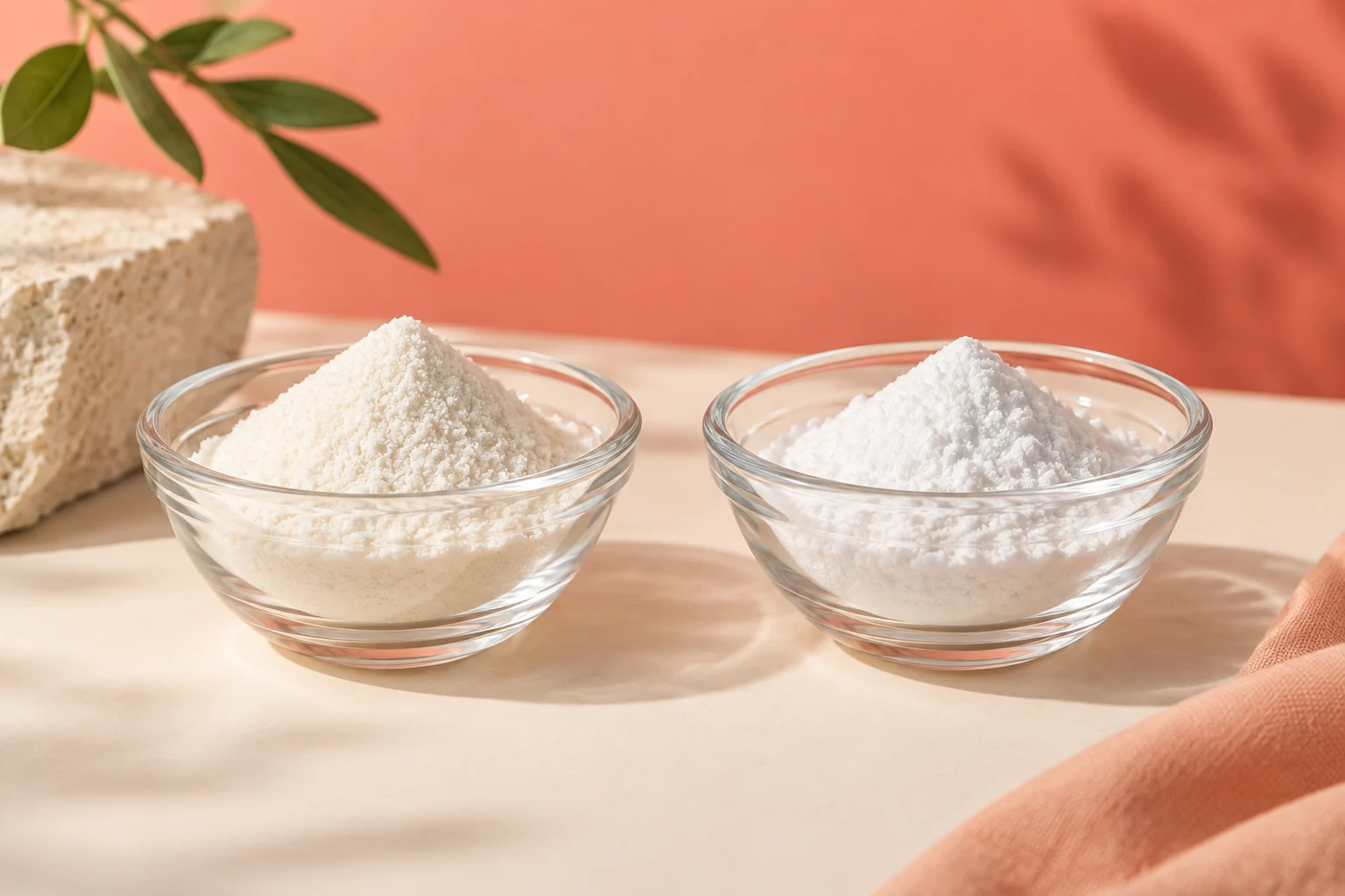 Illustrative white ingredient powders in two glass dishes