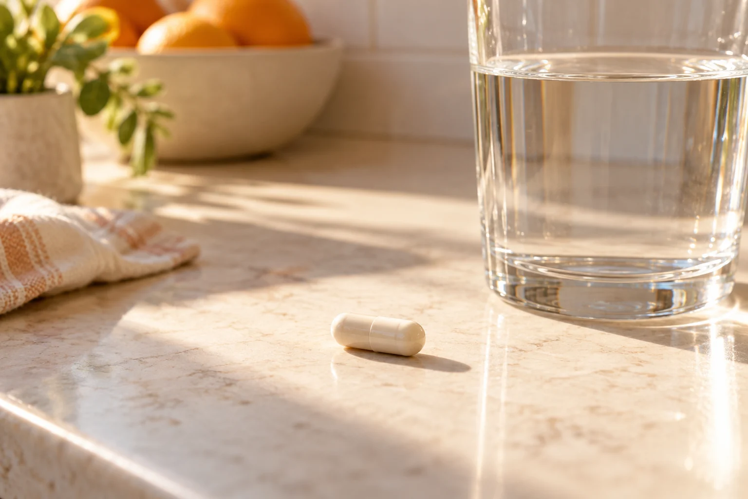 A capsule beside a glass of water
